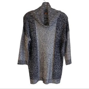 Bellini Sequin Sprinkled Silver Gray & Black Cowl Neck Tunic Sweater 